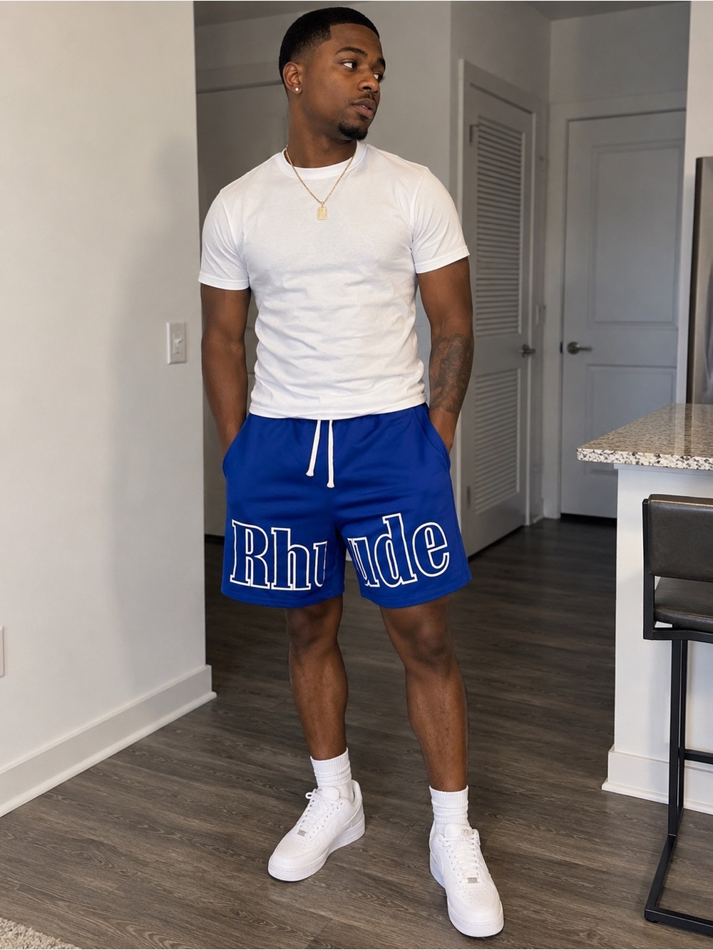 Rhude Blue Logo Drawstring Athletic Shorts